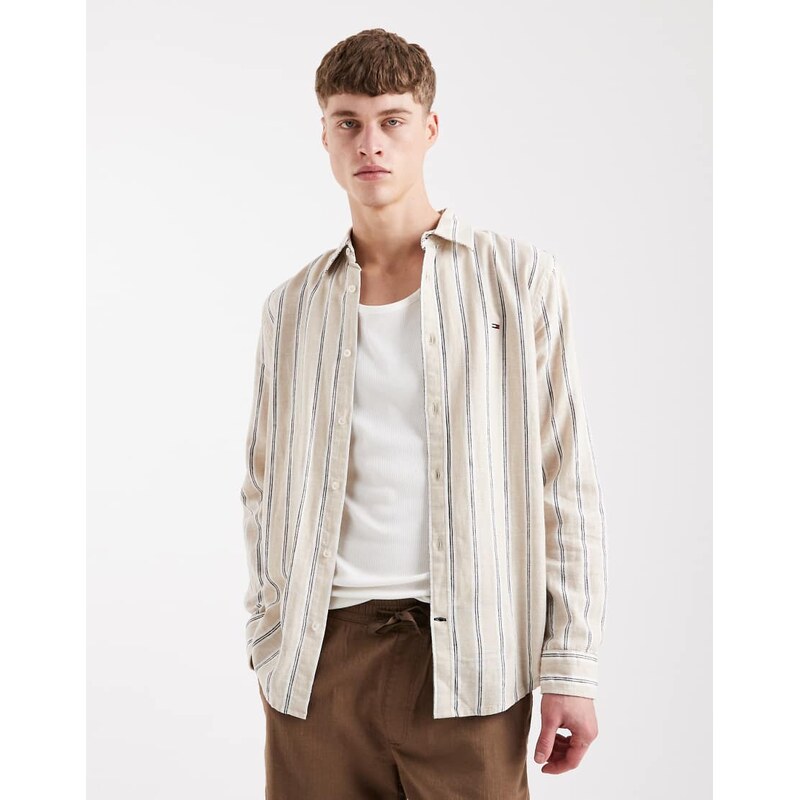 Tommy Jeans linen blend shirt in brown stripe