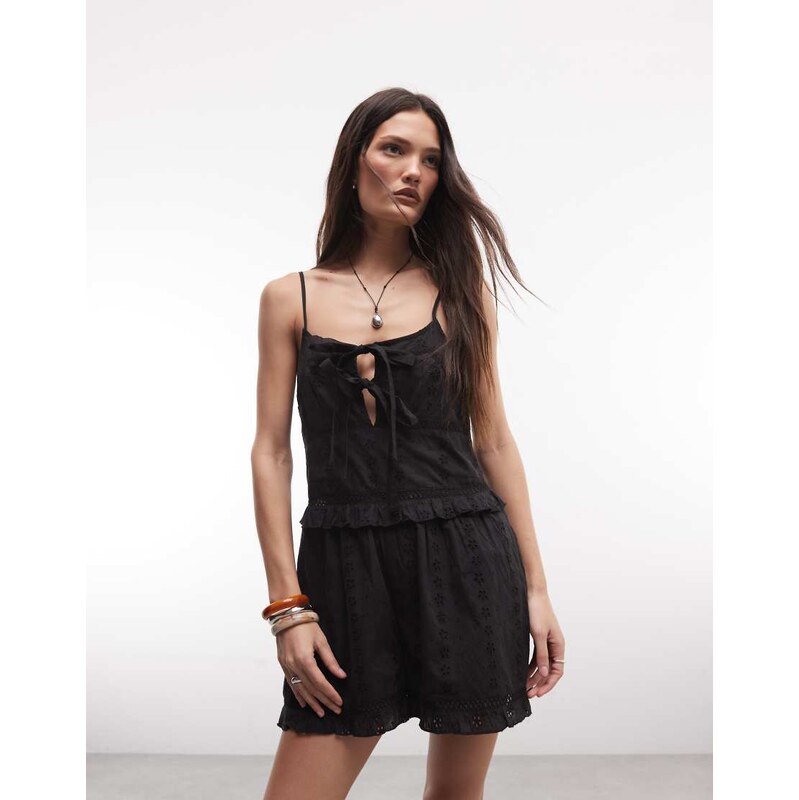 Reclaimed Vintage playsuit with bows in black broderie