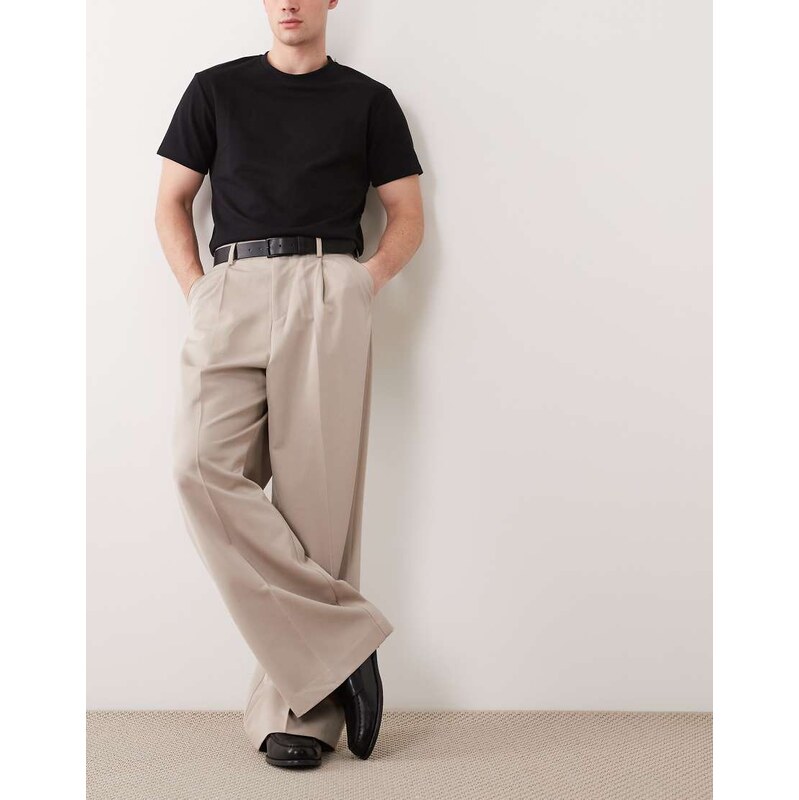 ASOS DESIGN smart pleated loose leg trousers in dark stone