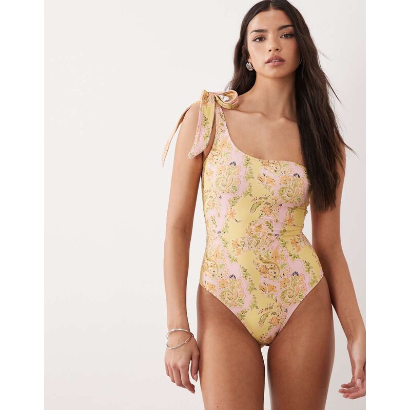 ASOS DESIGN Sarah one shoulder swimsuit in floral print-Multi 115521864