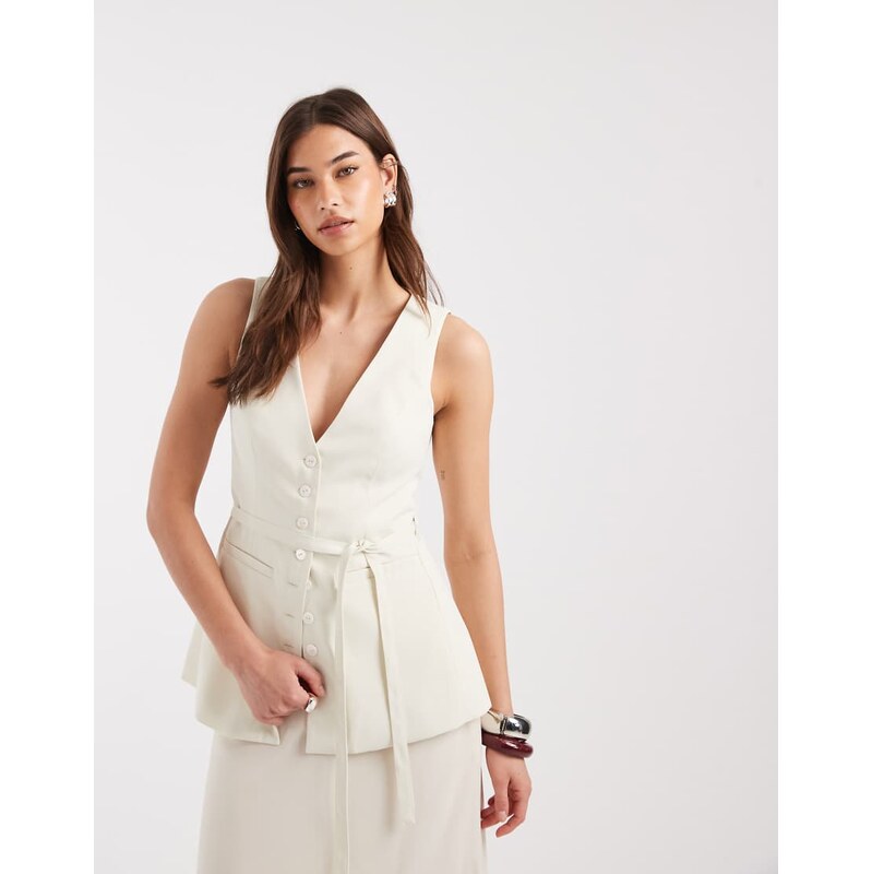 4th & Reckless longline v neck waistcoat co-ord in cream-White