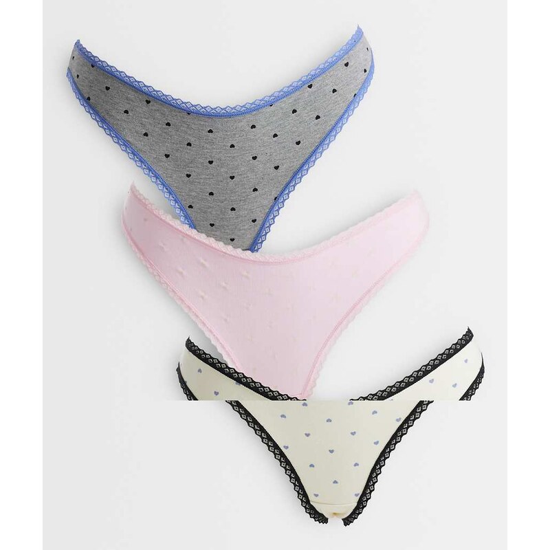 ASOS DESIGN Faye 3 pack heart print thong with lace trim in grey