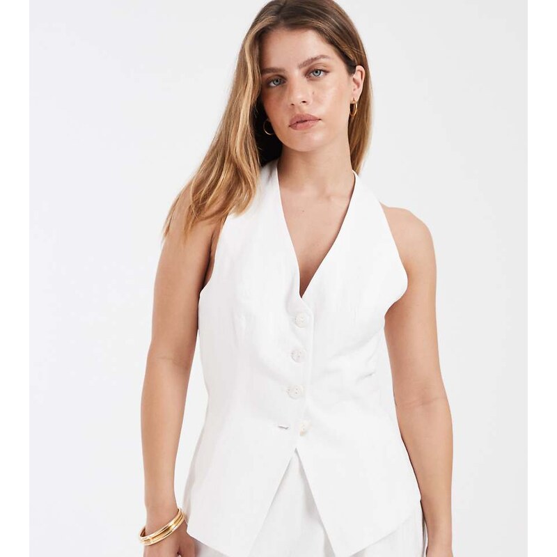 4th & Reckless Petite linen blend halterneck waistcoat co-ord in white 114942148