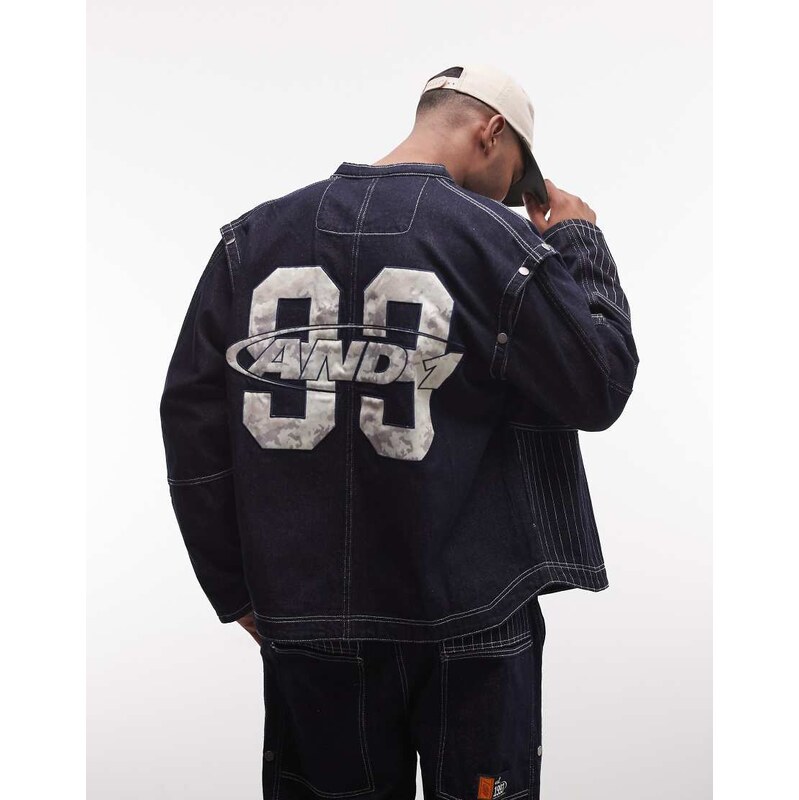 AND1 long sleeve denim 93 logo back print shirt co-ord in rinse-Blue 114942151