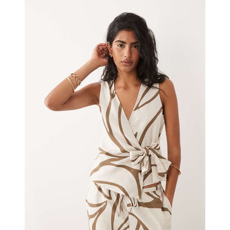Vila linen touch tie front sleeveless top co-ord in brown floral print 114870650