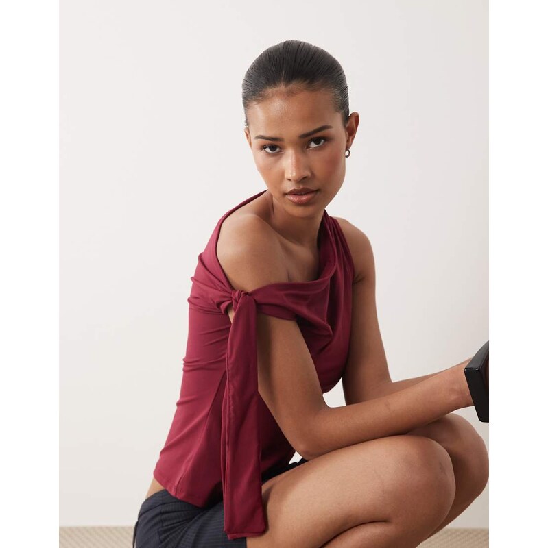 Gina Tricot soft one shoulder tie top in dark red