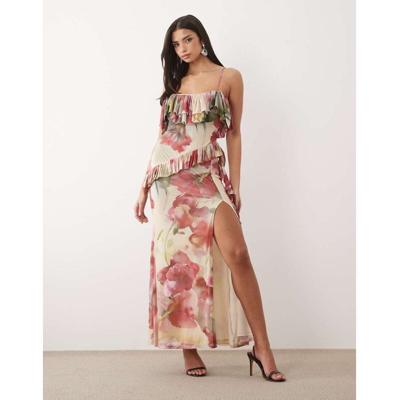 ASOS DESIGN mesh off shoulder maxi dress with asymmetric ruffle