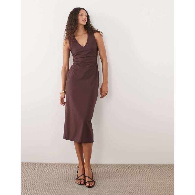 Mango v neck sleeveless midi dress in plum-Red