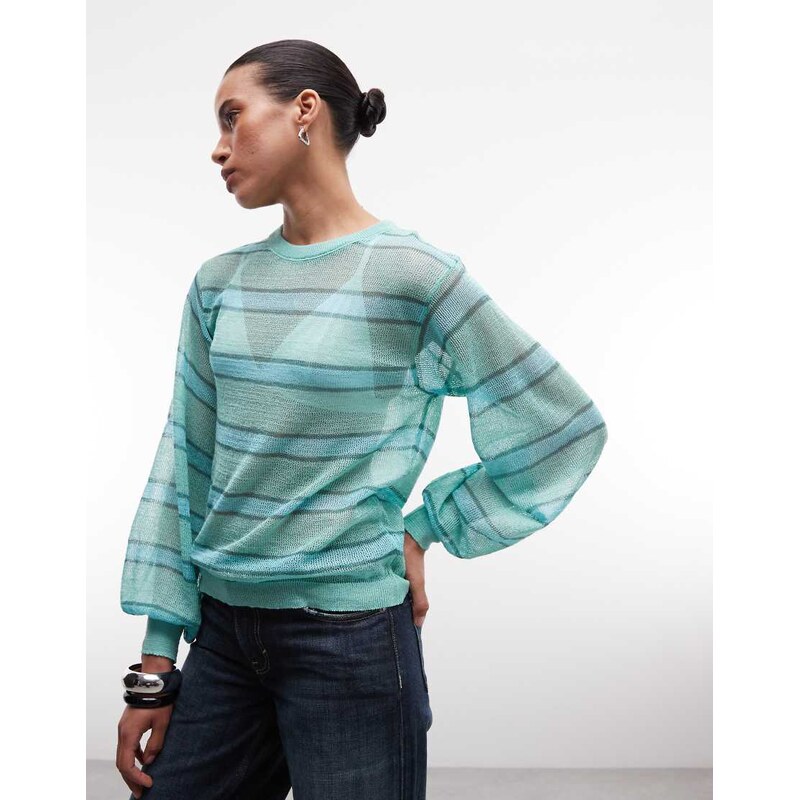 Reclaimed Vintage sheer knitted striped balloon jumper-Green