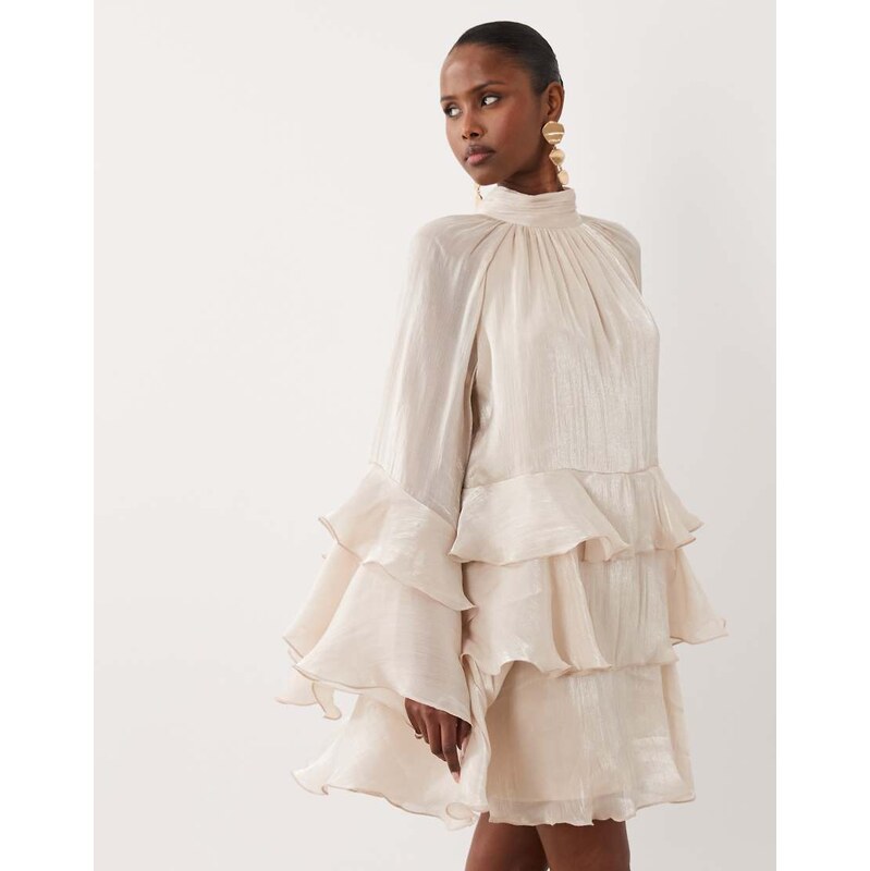Gina Tricot flowy frill mini dress in light gold-White