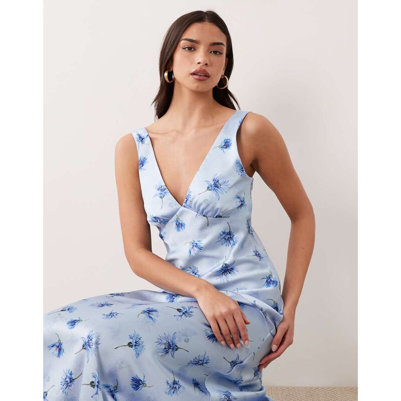 Gina Tricot sleeveless satin maxi dress in blue flower print