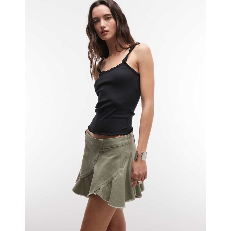 Monki low waist mini skirt with circle cut details in khaki