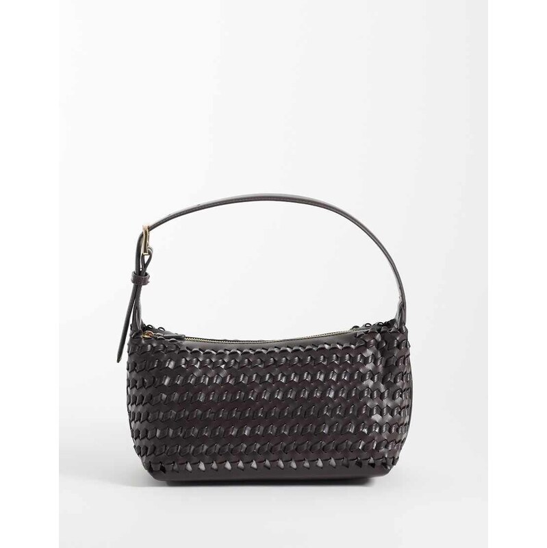 Mango faux leather woven shoulder bag in dark brown 114942236