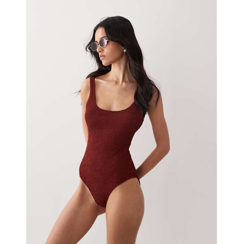 Mango crinkle textured scoop neck swimsuite in burnt orange 114956561