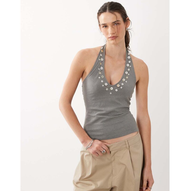 Mango cotton mix halterneck top with faux shell buttons in grey