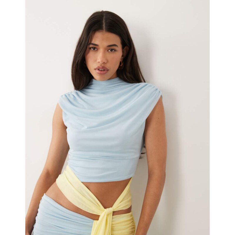 ASOS DESIGN co-ord mesh colour block high neck top in blue