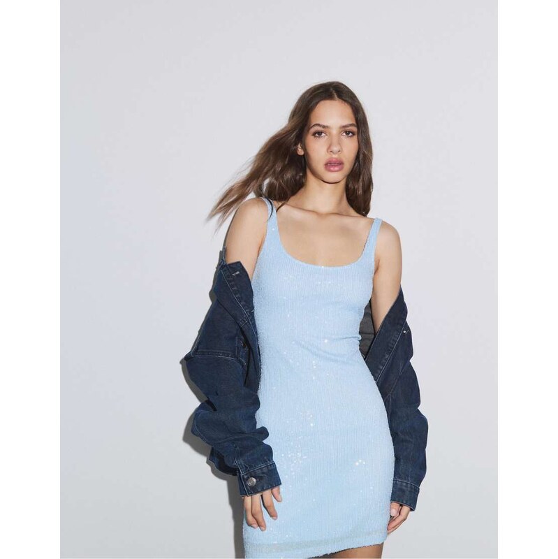 Stradivarius Sequin mini dress in sky blue 114942292