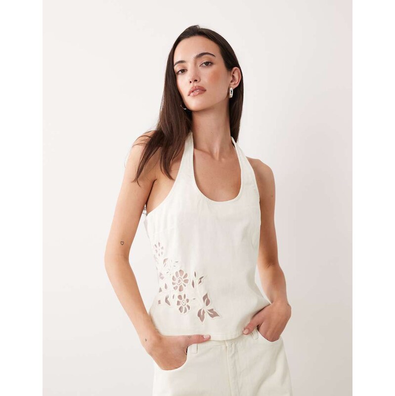 Miss Selfridge cutwork denim halter top in ecru-White 114942094