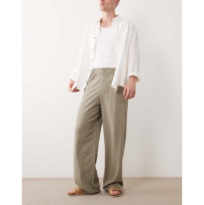 ASOS DESIGN baggy linen blend trousers in khaki-Green