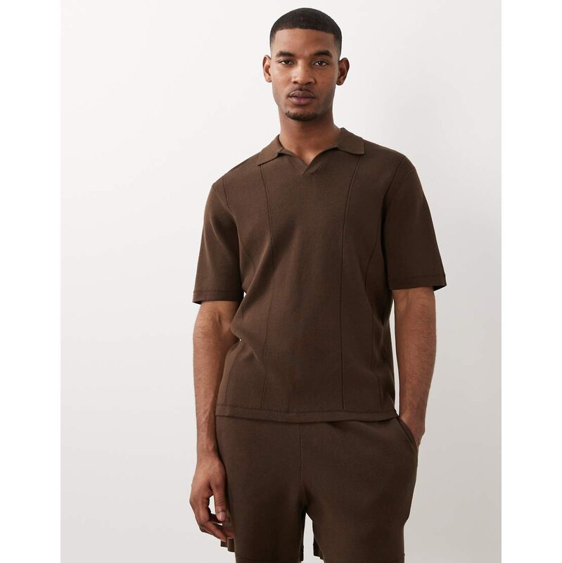 ASOS DESIGN relaxed compact knit polo co-ord in brown - BROWN