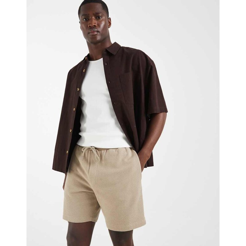 ASOS DESIGN slim textured fit jersey short in beige-Neutral