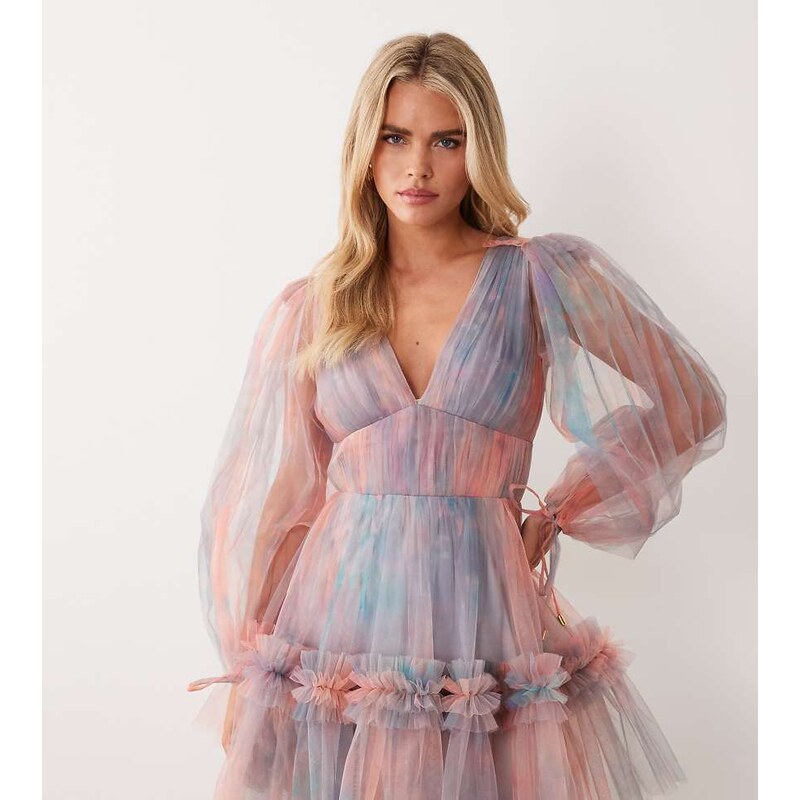 Lace & Beads Petite v neck ruffle skirt mini dress in blue