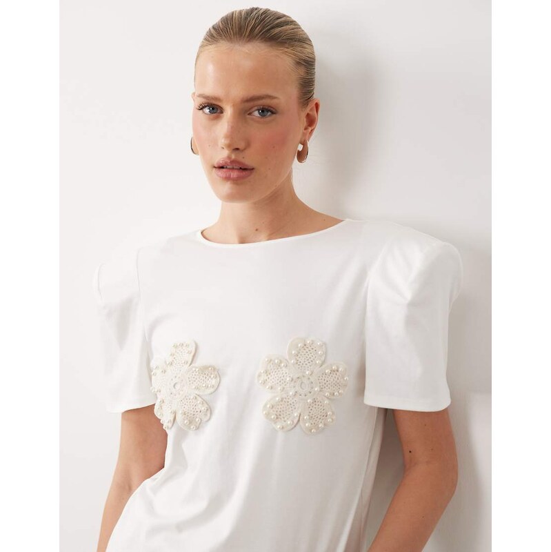 ASOS LUXE crochet embellished flower T-shirt in white 114943477