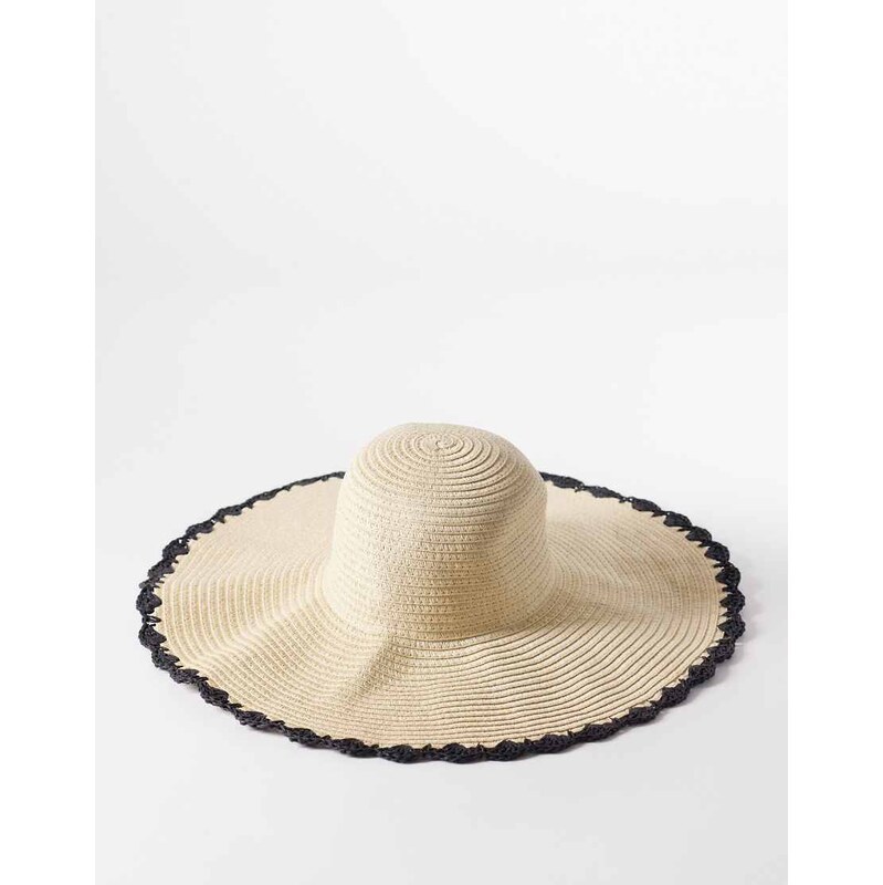 South Beach whip stitch wide brim floppy hat in black and white 114943470