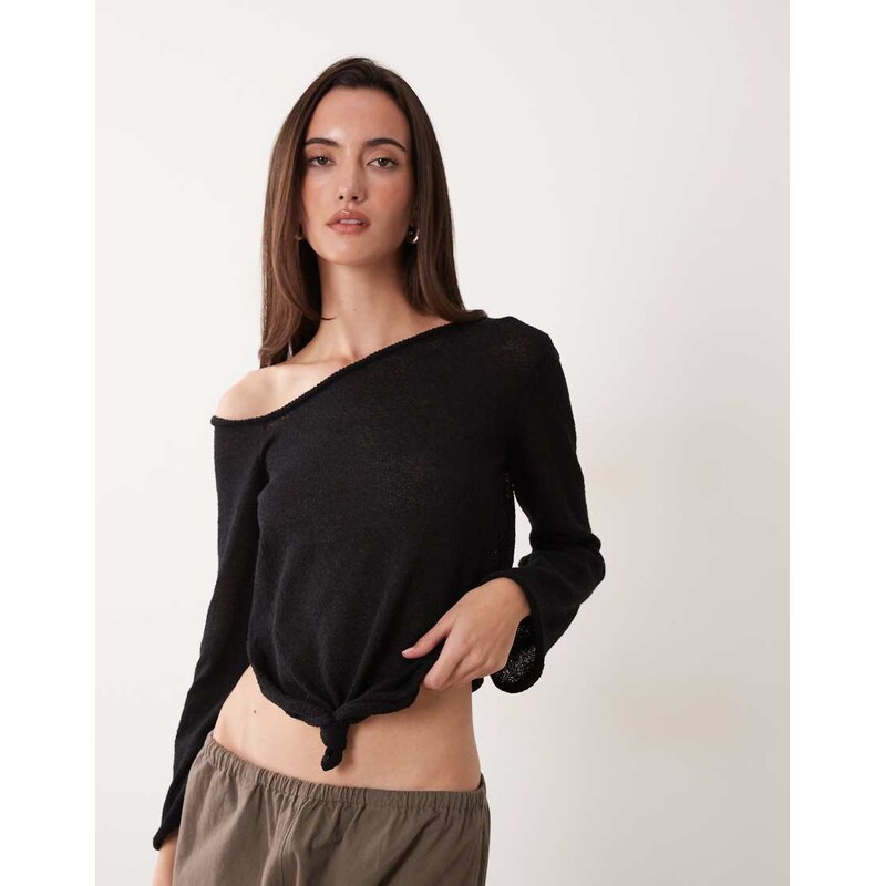 Miss Selfridge sheer knit knot detail long sleeve top in black 114943471