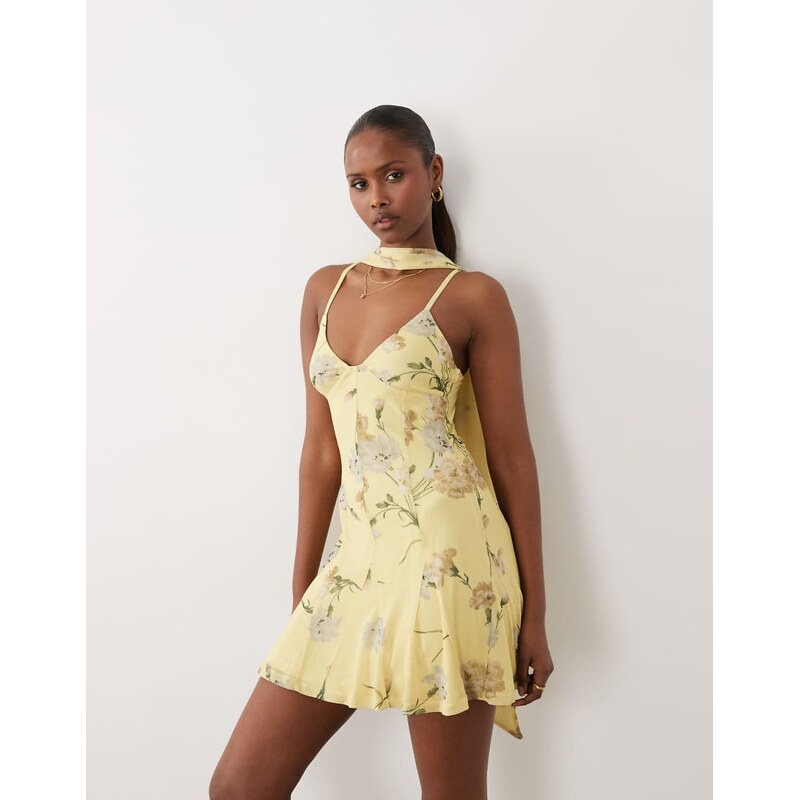 ASOS DESIGN printed mesh scarf detail godet mini dress in lemon