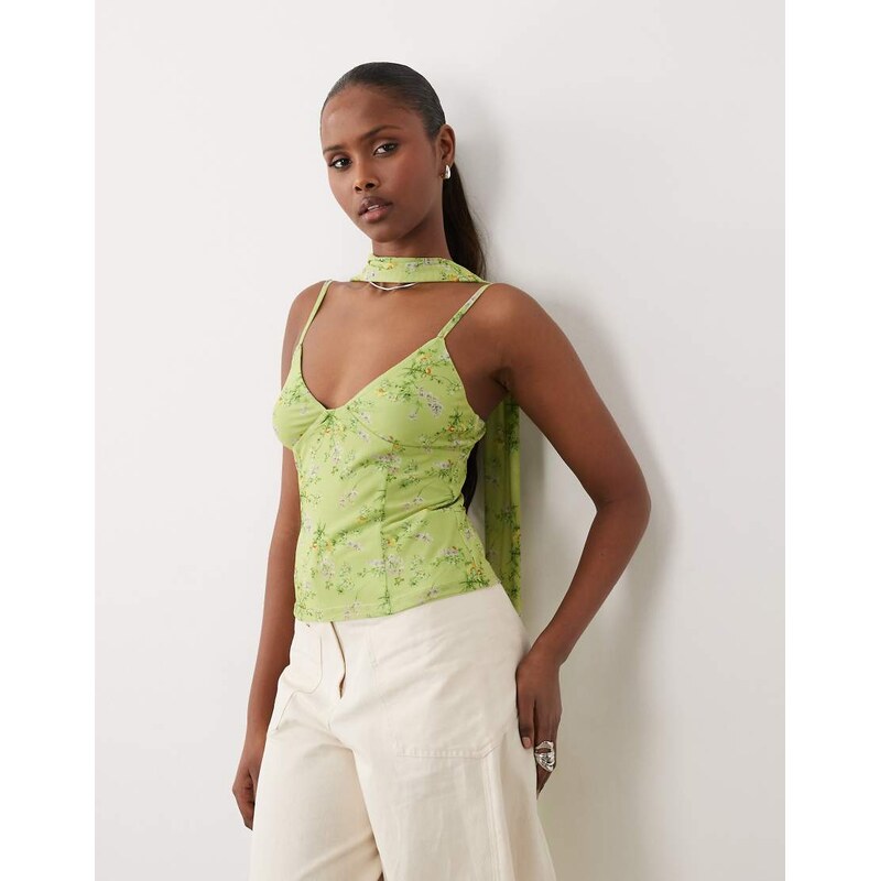 ASOS DESIGN printed mesh cami top with scarf detail in green