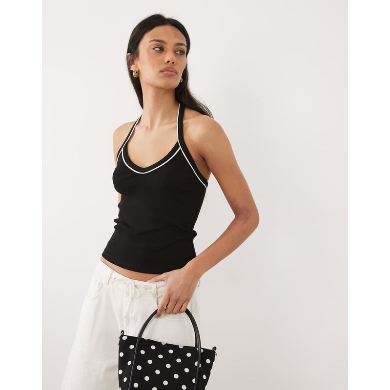 ASOS DESIGN ribbed halter neck top with contrast piping in black