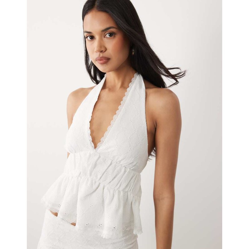 ASOS DESIGN broderie halter neck top with lace trim in white