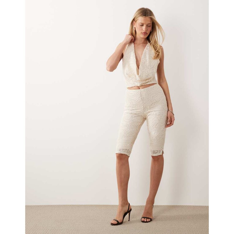 ASOS LUXE co-ord textured capri trousers in cream-White 114956257