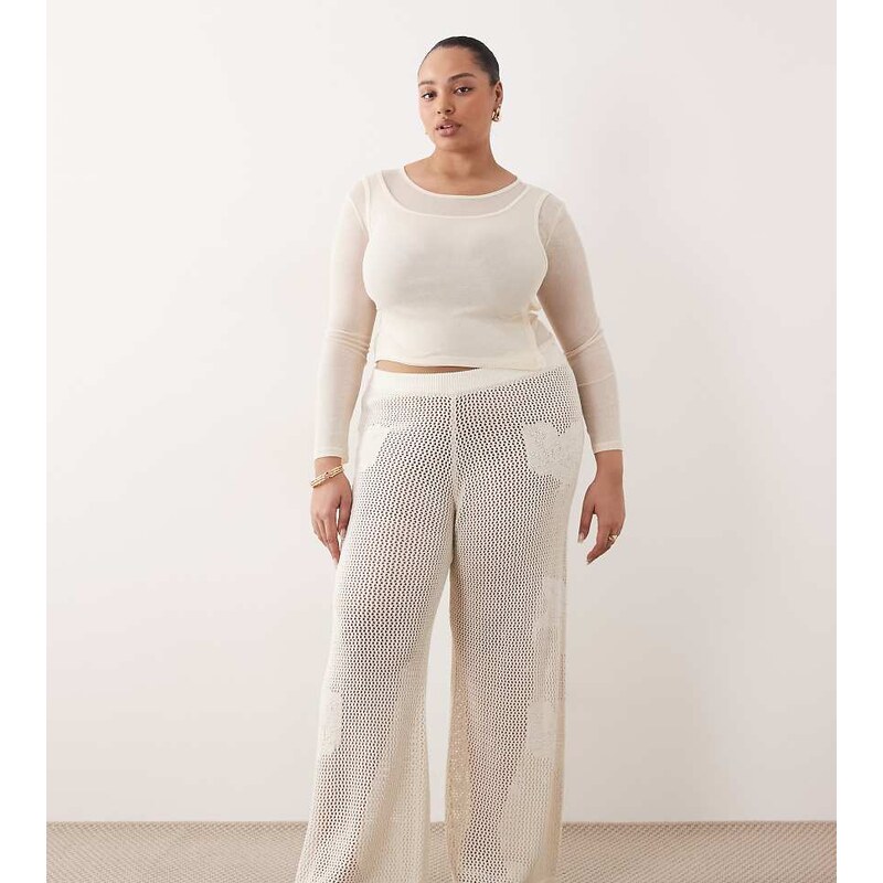 Pretty Lavish Curve open knit oversize floral trouser co-ord in cream 115520021