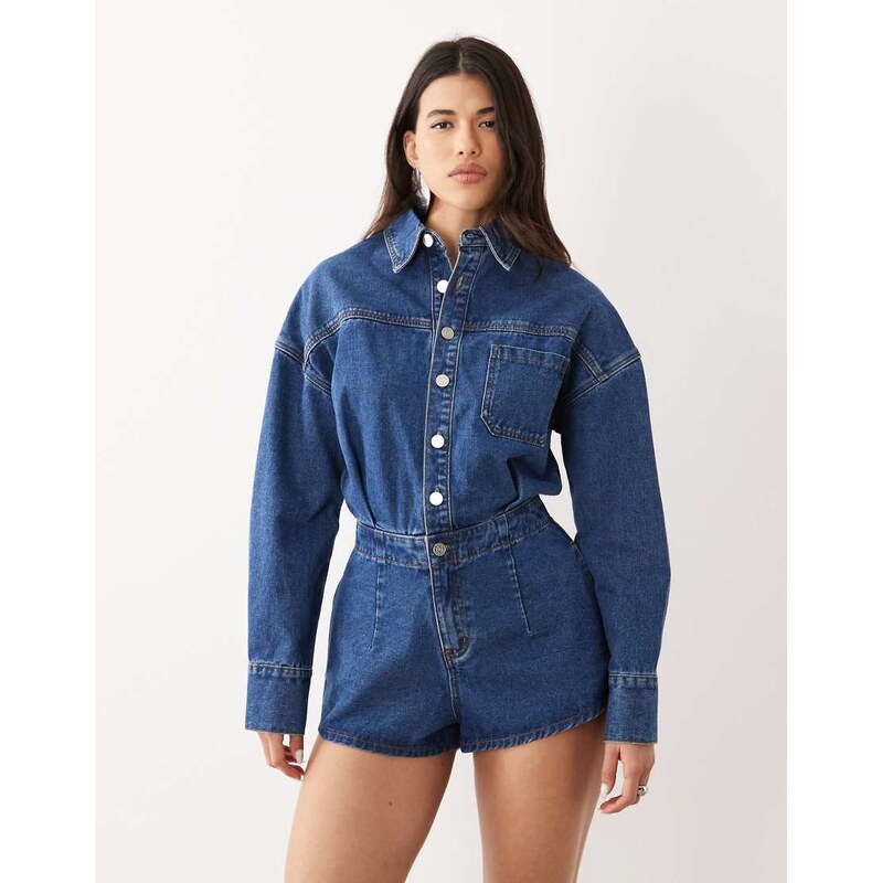 Noughts & Kisses denim cinched waist playsuit in mid wash blue 114956311