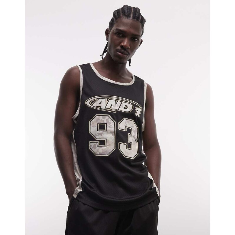 AND1 logo airtex vest co-ord with contrast camo panels in black 114956428