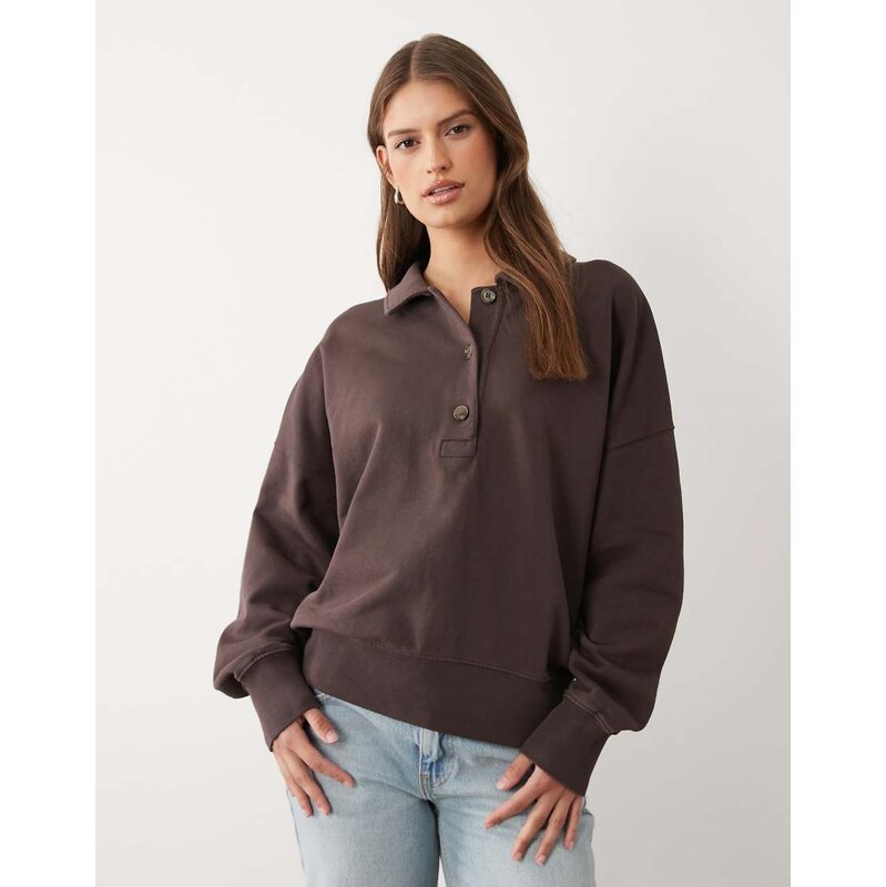 ARKET pure cotton long sleeve rugby polo sweat in brown