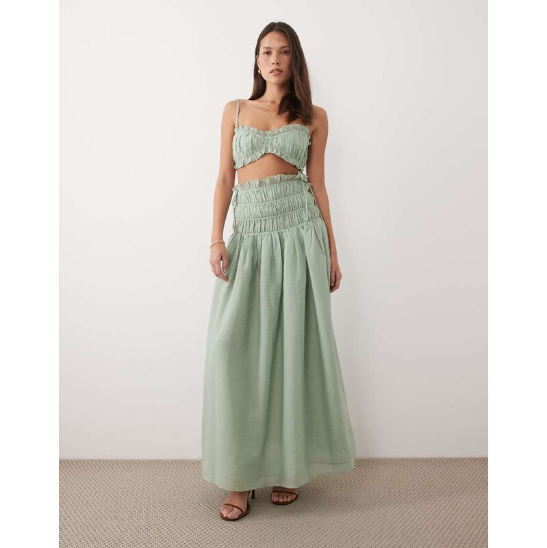 Wanderdoll Soulie linen look shirred dropped waist tie detail maxi 115522362