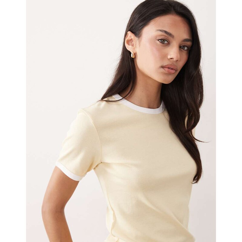 ARKET slim fit ribbed t-shirt with trim in butter yellow