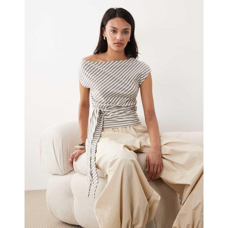 Gina Tricot asymmetric shoulder top with tie waist detail in