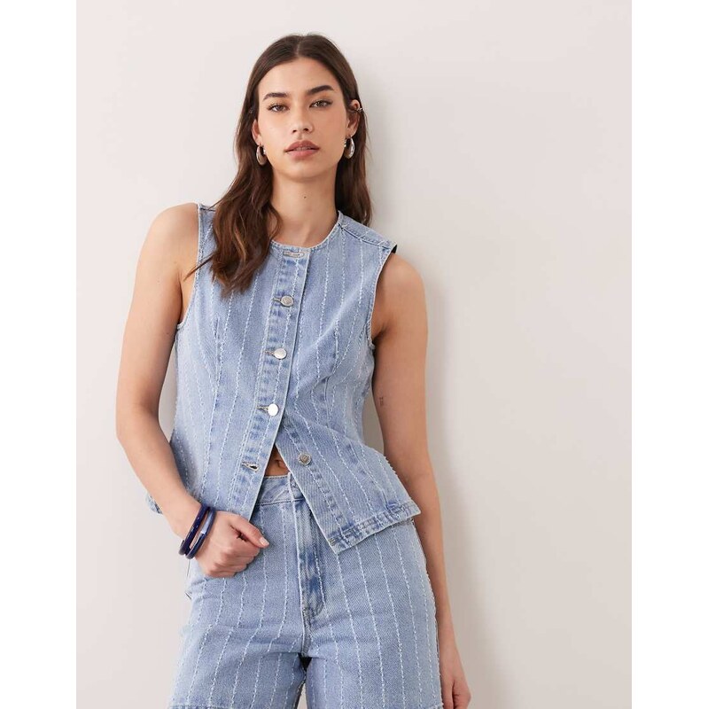 Miss Selfridge striped denim waistcoat in blue wash