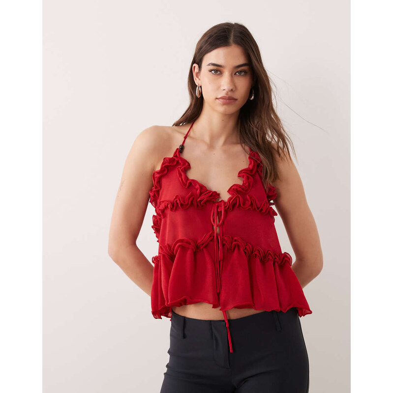 Miss Selfridge sheer knit ruffle cami top in red-Orange 115517659