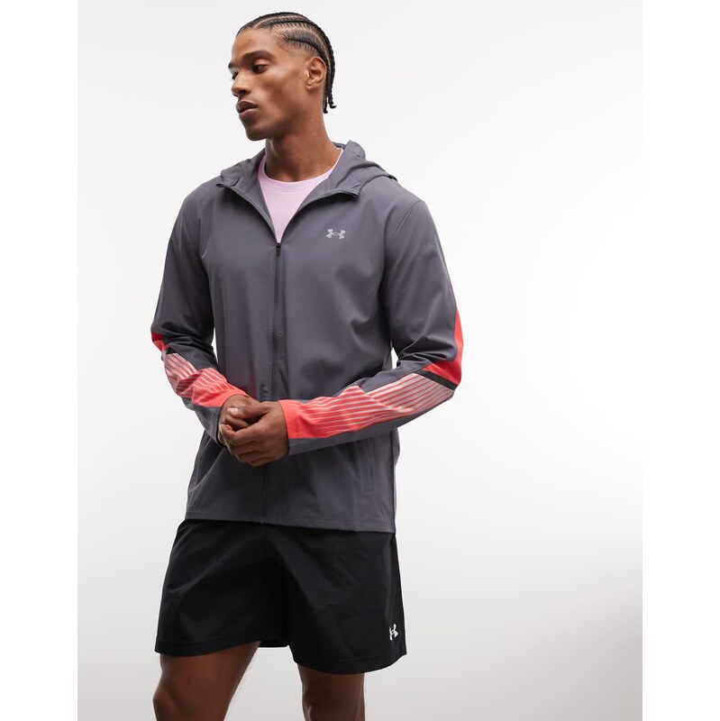 Under Armour Velociti Storm hooded running jacket in castlerock grey and racer red
