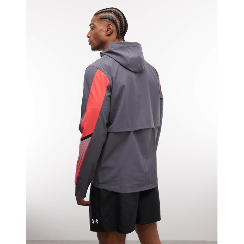 Under Armour Velociti Storm hooded running jacket in castlerock grey and racer red
