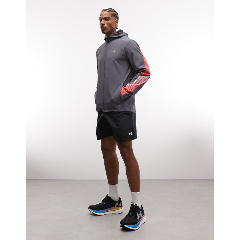 Under Armour Velociti Storm hooded running jacket in castlerock grey and racer red