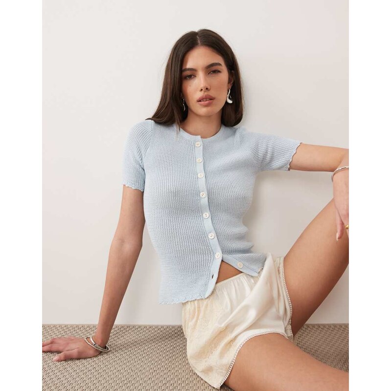 Pretty Lavish scallop detail knitted short sleeve cardigan in
