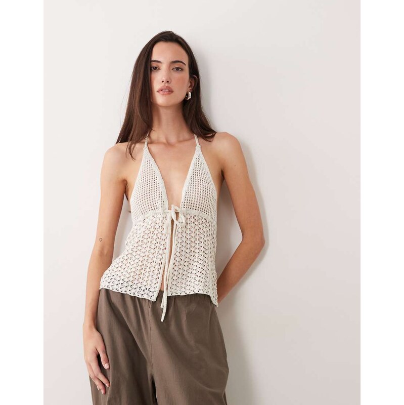 Miss Selfridge knit crochet halterneck in gold 114956303