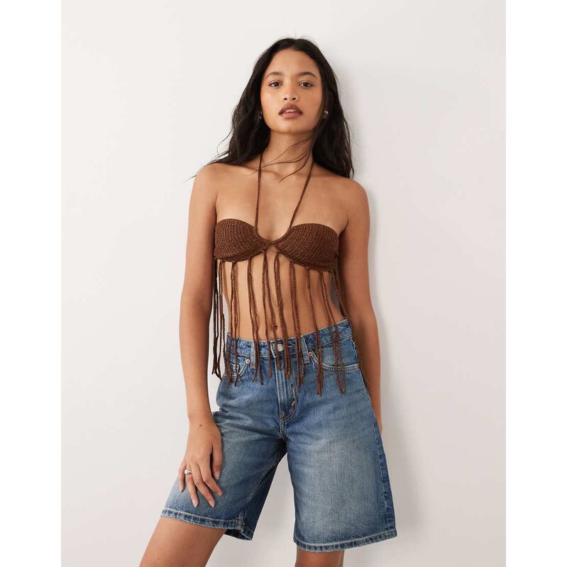 Miss Selfridge festival crochet knit tassle bra top in chocolate-Brown 114956304