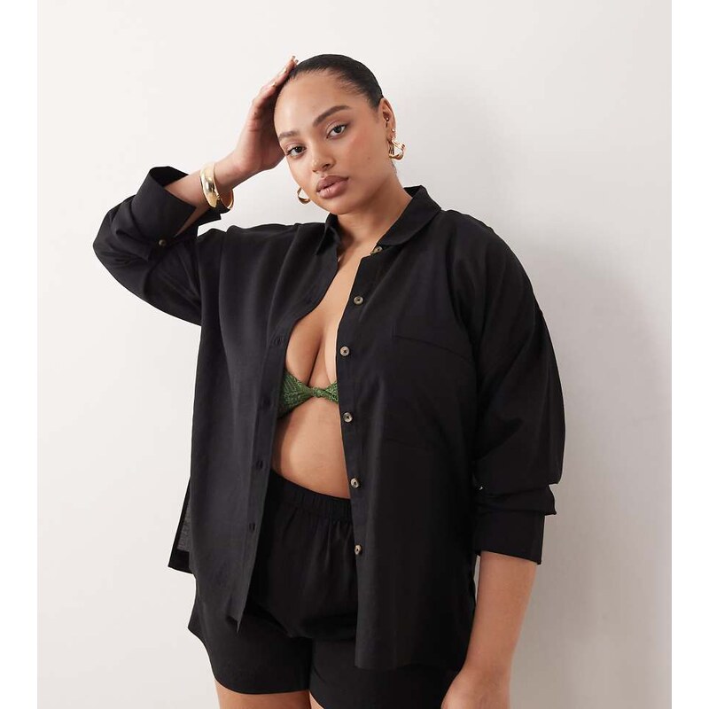 ASOS Curve ASOS DESIGN Curve Ipanema sheer beach shirt with linen in 115520788